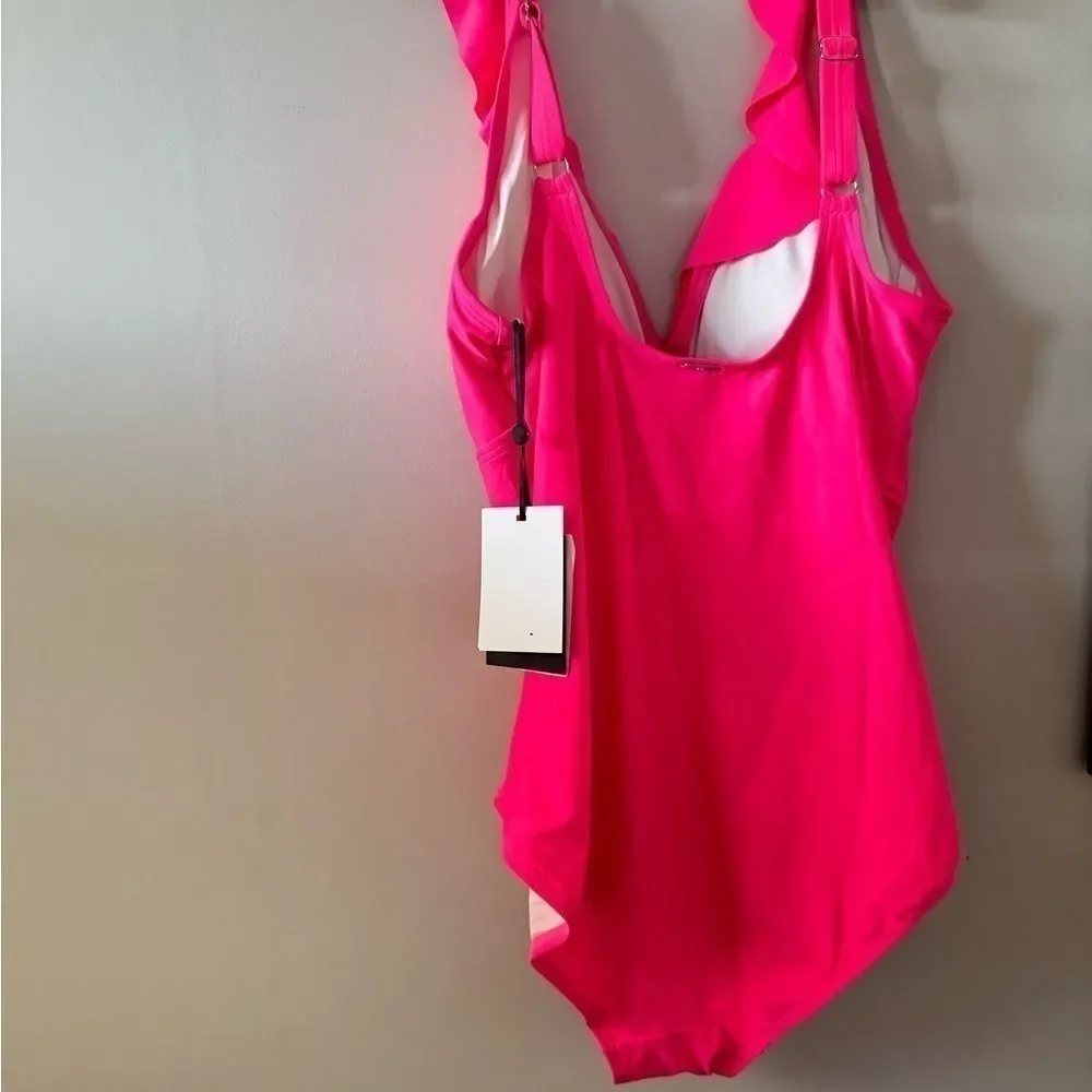 DKNY Ruffle Plunge Underwire Tummy Control One-Piece Swimsuit swim neon Pink